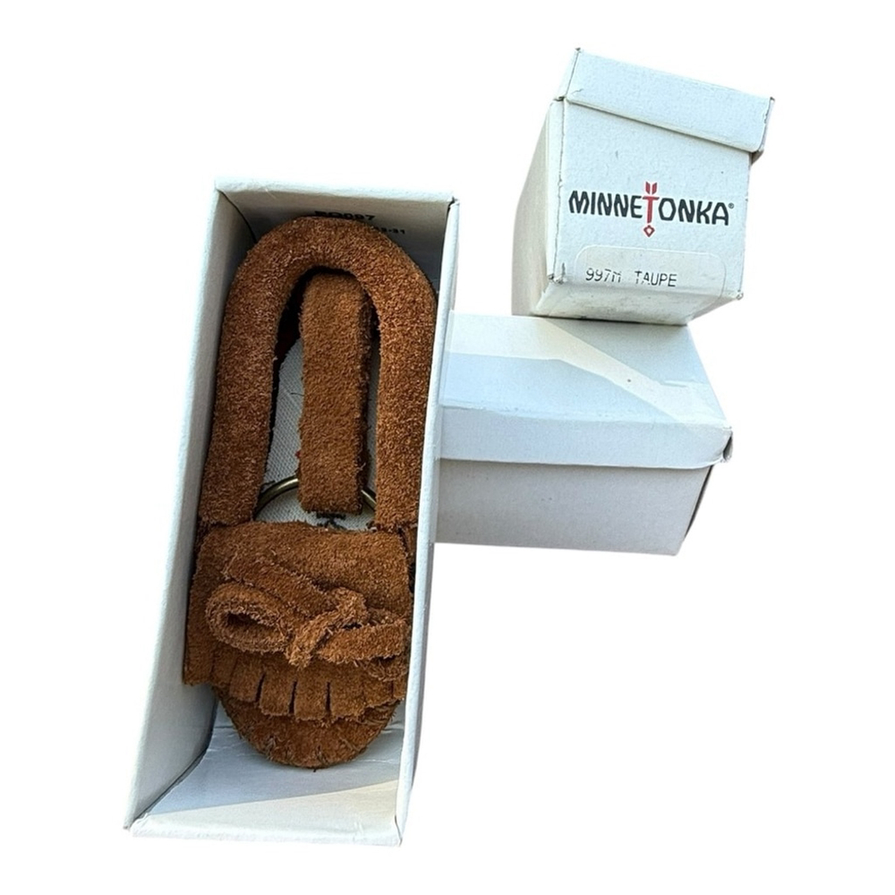 Minnetonka Suede Moccasin Keychain Key Ring Dark Brown Fringed Mini Shoe NIB
